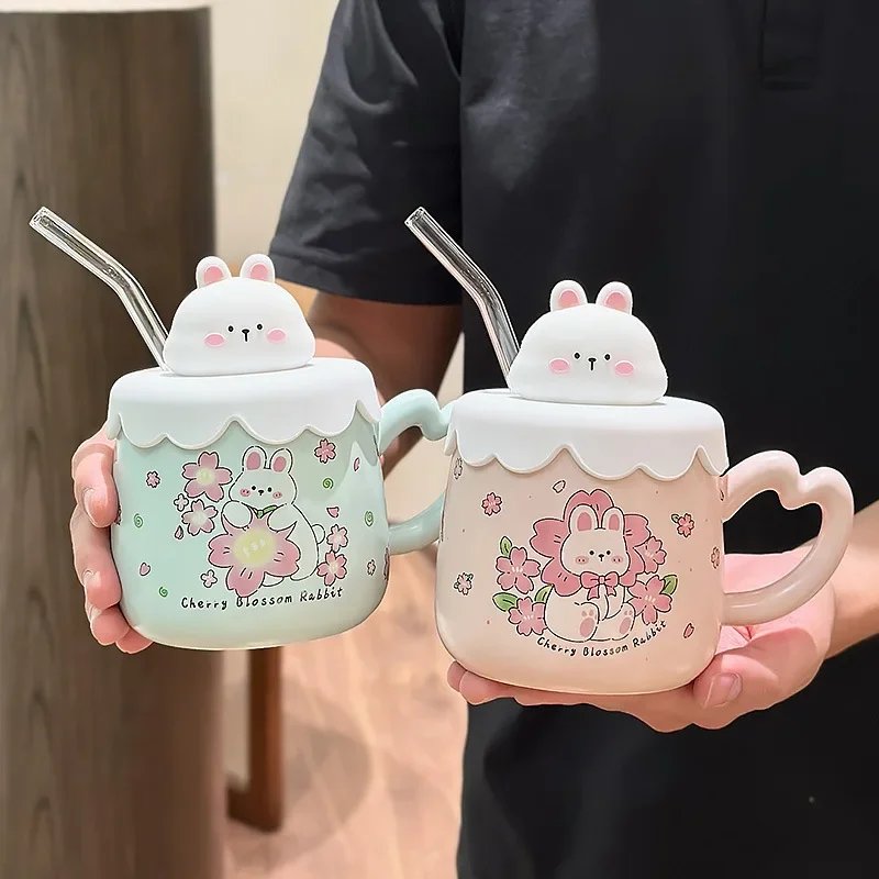 Cute Bunny Straw Mug With Lid Tea Cup Beer Mugs Coffee Cups Original Breakfast Cups Drinkware Personalized Gift Christmas Funny