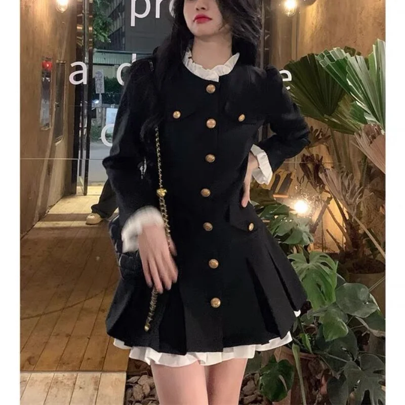 Women Autumn Korean New Doll Neck Pleated Skirt Fashion Chic Sweet Youth Style Solid Button Ruffle Edge Long Sleeve A-line Skirt