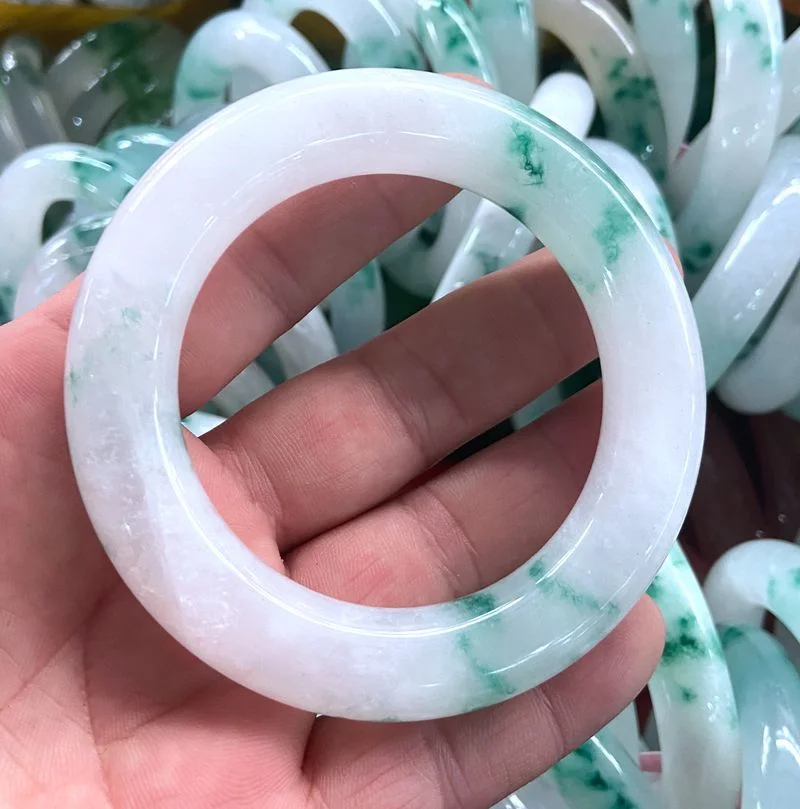 Natural 54-58mm Light White&Green Jade Jadeite Thick Bar Handmade BraceletBangle