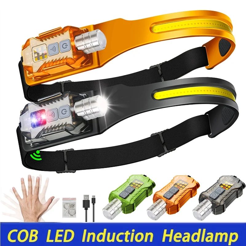 Мощный индукционный налобный фонарь с LED-сенсором, аккумулятор 18650, USB-зарядка, 9 режимов освещения