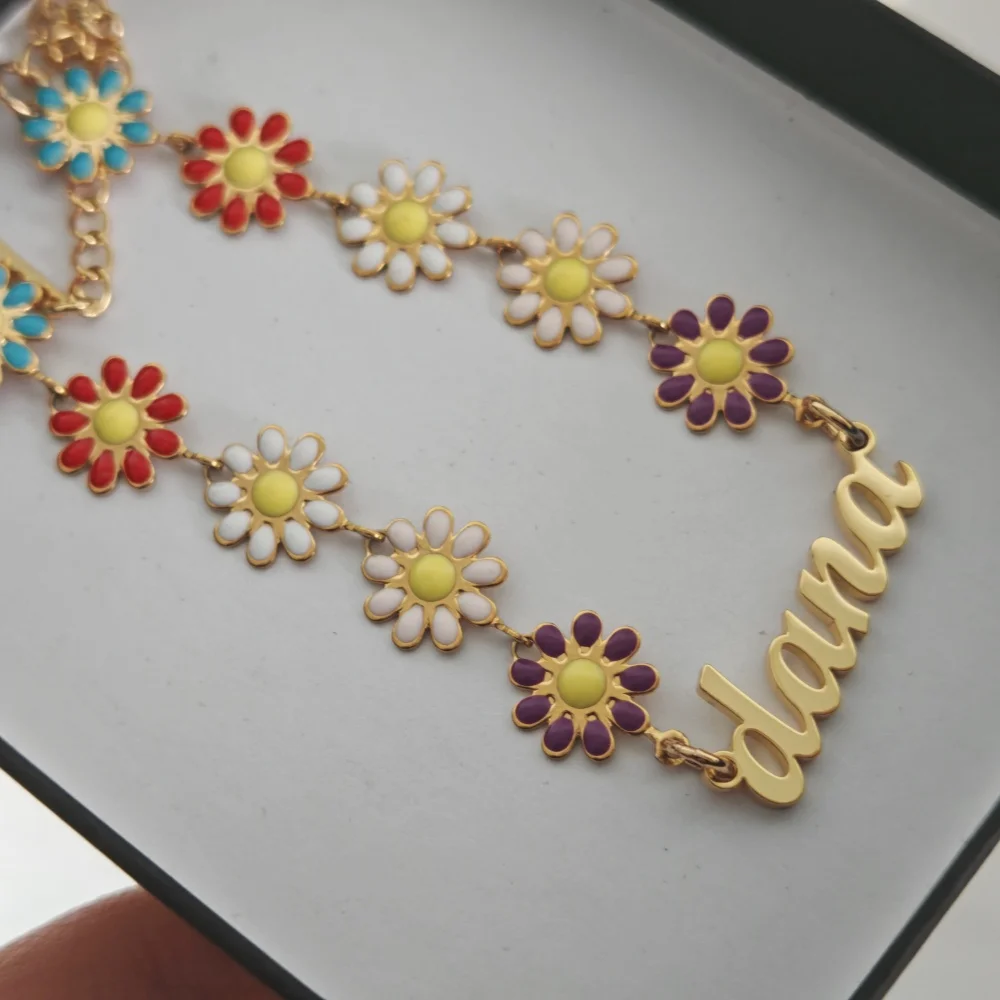 LeeChee Colorful Enamel Daisy Charm Personalized Letter Bracelet DIY Custom Name Bracelet Stainless Steel Cute Gift For Girls