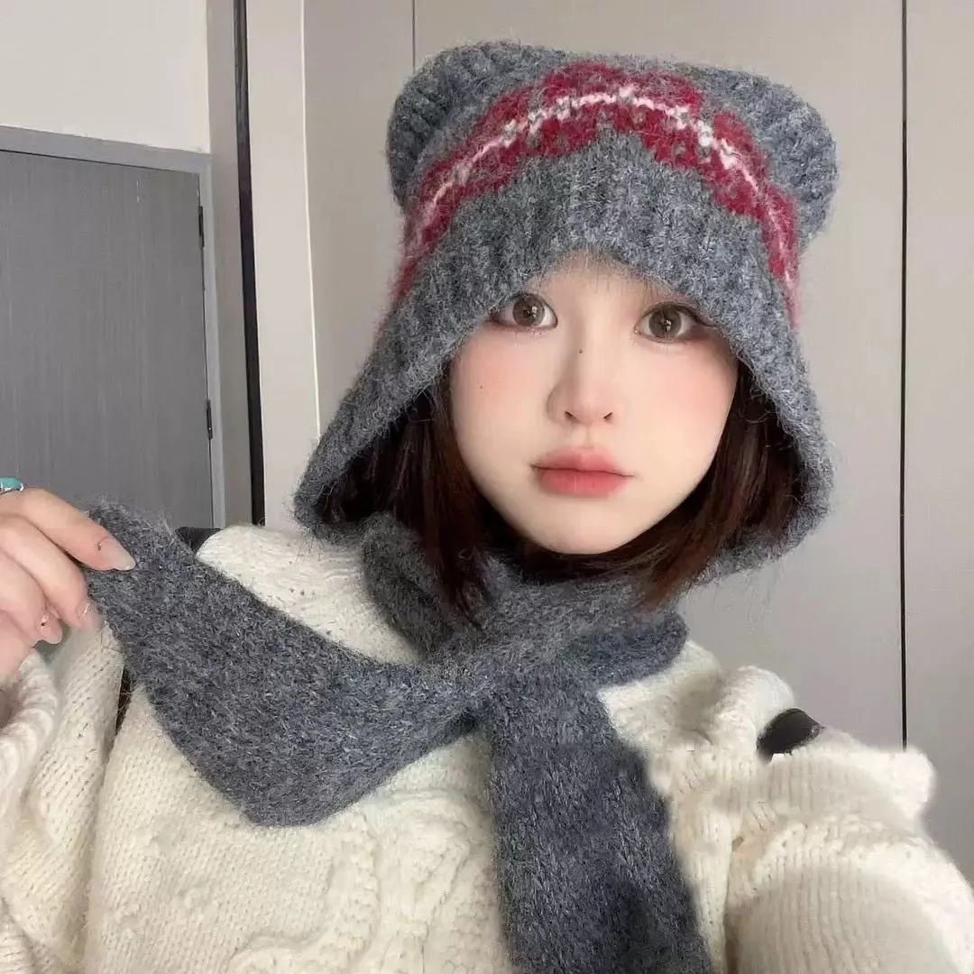 Cute Wool Blended Bear Hat Female Autumn and Winter Maillard Face Small Warm Ear Protection Scarf Integrated Wool Hat Beanies