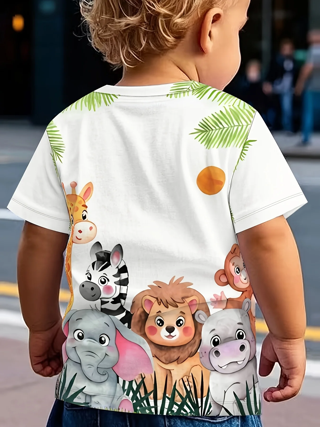 Cartoon animal print t-shirt with soft polyester blend short sleeves, jungle design, breathable summer casual top, fast shipping
