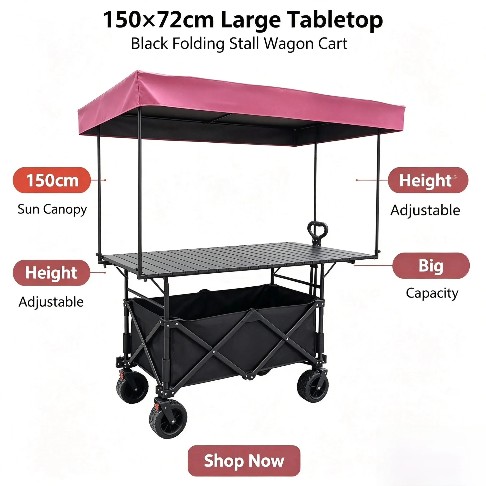 Adjustable Folding Wagon Cart 3 Sizes 120/150/167cm Tabletop Large Sun Canopy Height Adjustable Stall Camping Trolley