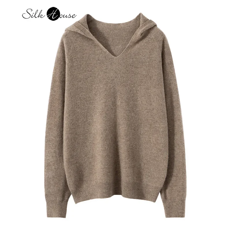 Autumn/Winter New Women's Solid Color Knitted Sweater Fashionable Pullover Hooded Shoulder Loose Simple Cashmere Loose Sweater