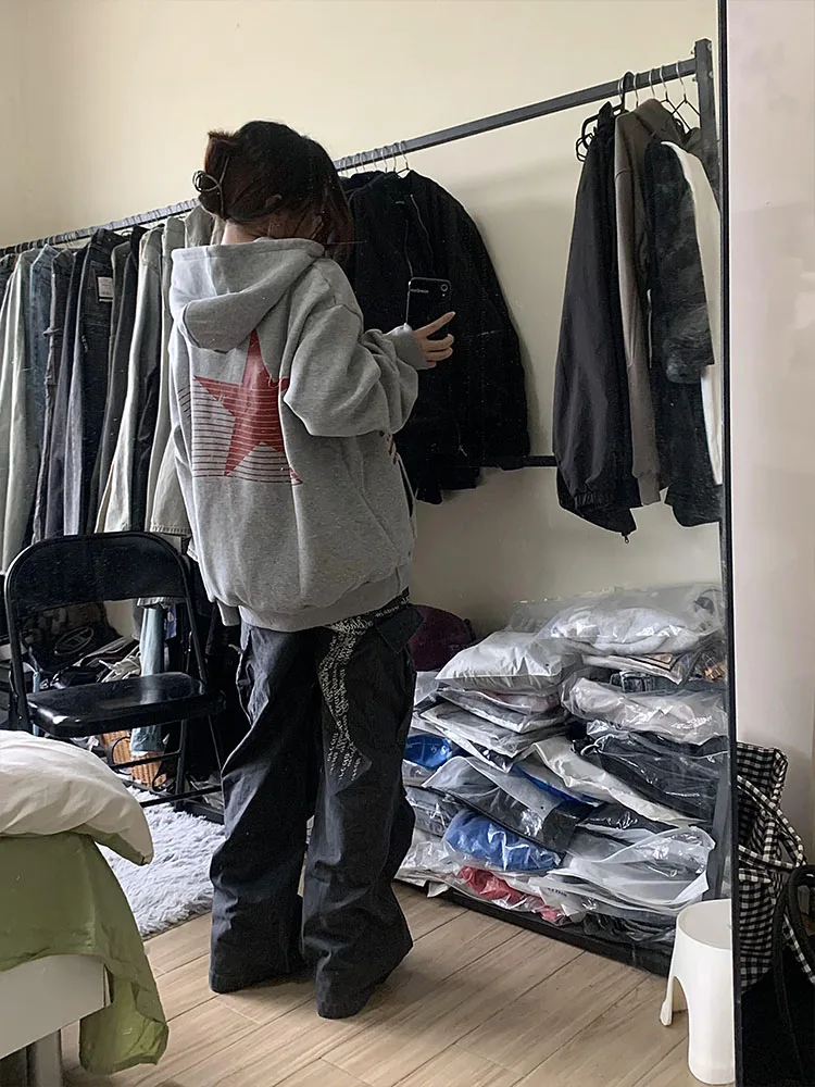 American High Street Star Print Hoodie feminino outono inverno Thiened solto casal na moda preguiçoso outerwear Fce forrado