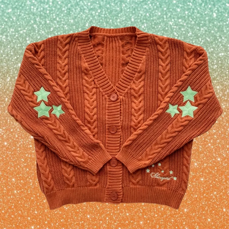 Showgirl Orange Knitted Cardigan Women Mint Green Star Embroidery Sweater Shiny Buttons Cable Knit Cardigans Daily School Tops