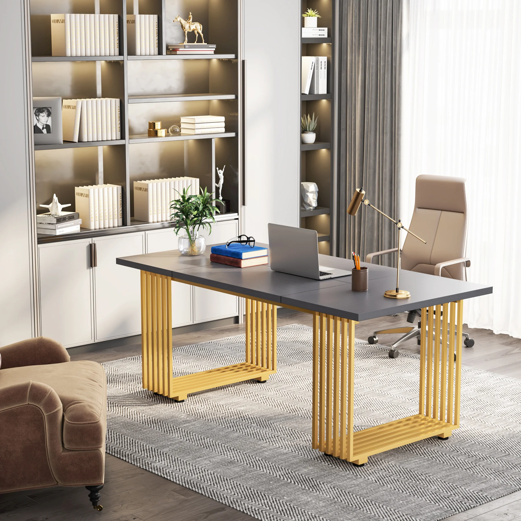 

Tribesigns 70.9" Modern Executive Desk, Wood Office Desk, Grey Simple Computer Desk with Gold Metal Legs, Large Workstation Busi