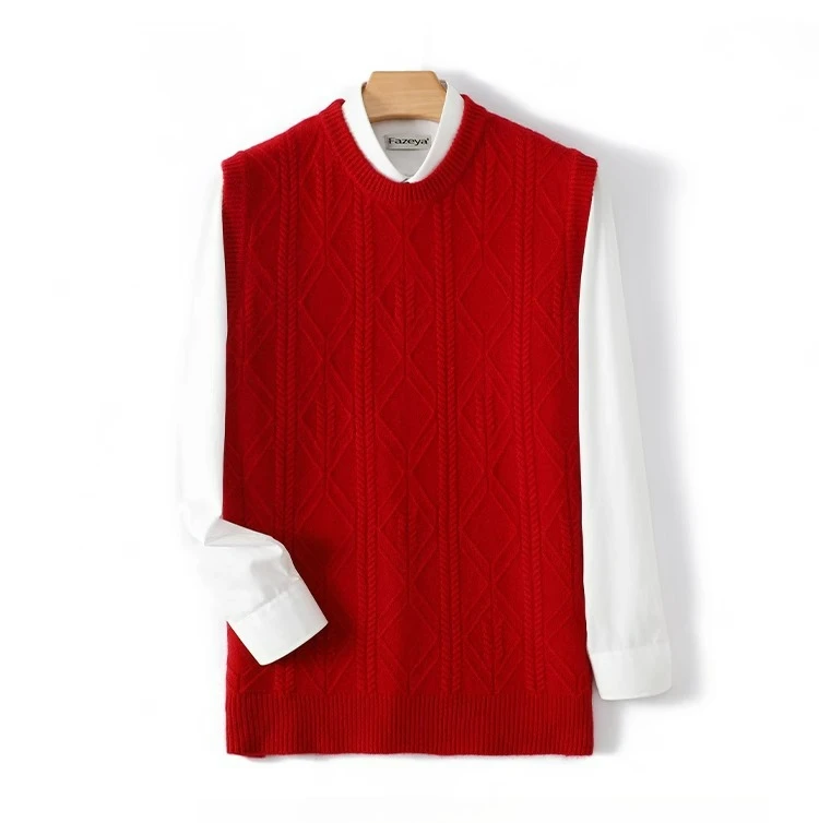 

100% pure wool sweater men's autumn and winter thickened loose warm vest round neck casual business bottoming knitted sweater