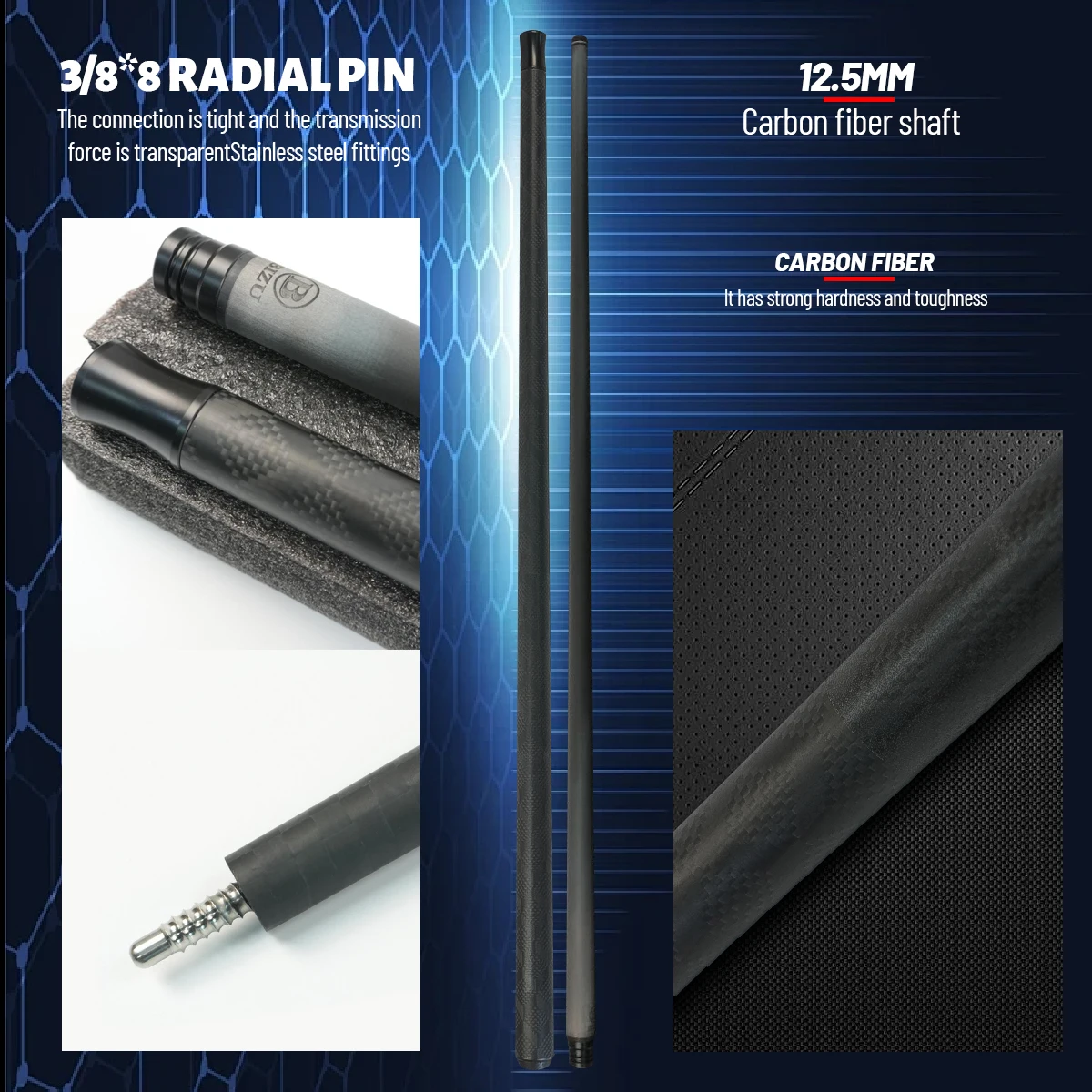 Бильярдный кий BIZU из углеродного волокна, клюшка для снукера с шарниром 3/8x8, прецизионный игровой инструмент для бильярдного стола