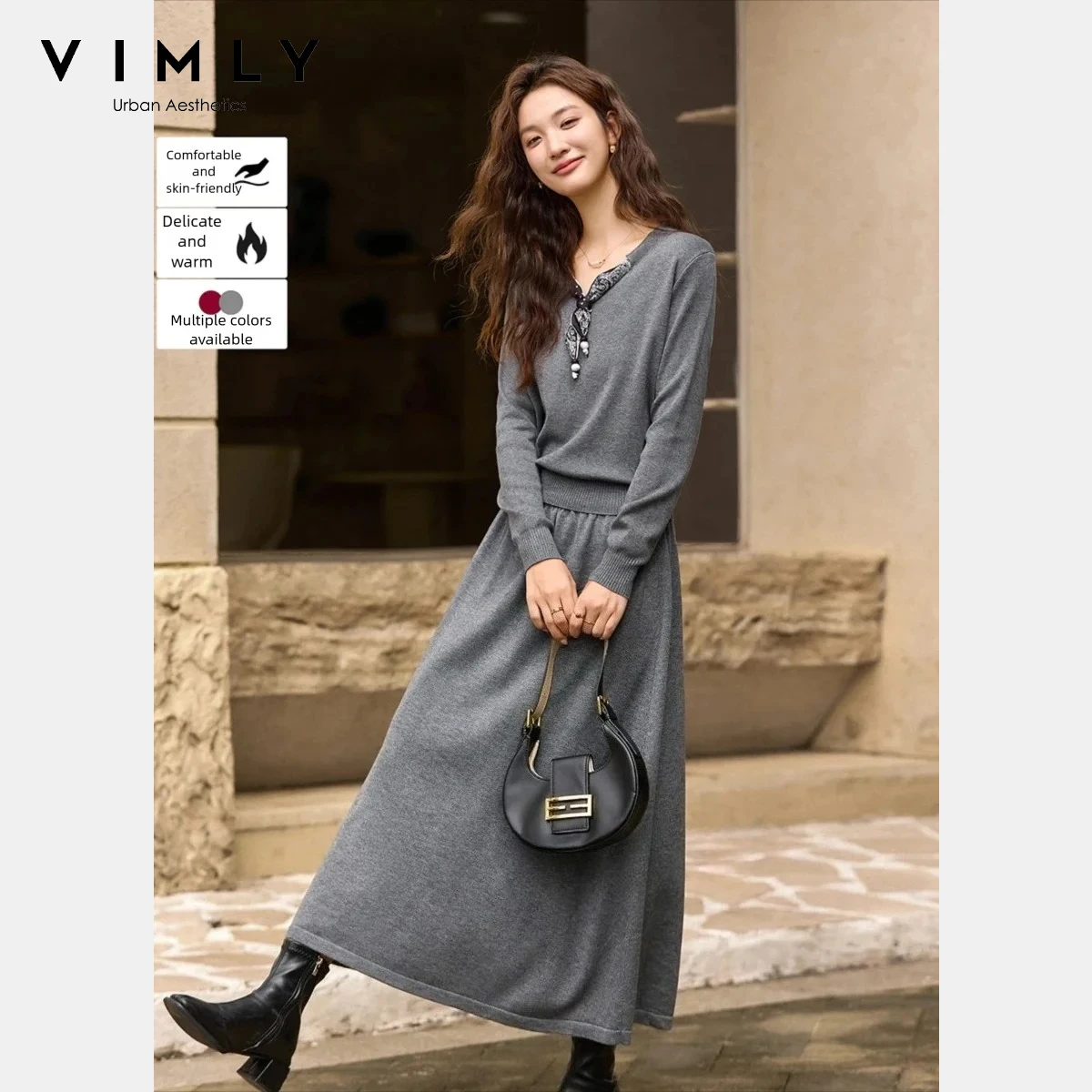 VIMLY New Two Piece Set for Women Elegant Solid V Neck Scarf Top Elastic Waist Long Skirt 2026 Winter Kintted Women's Suit 75262