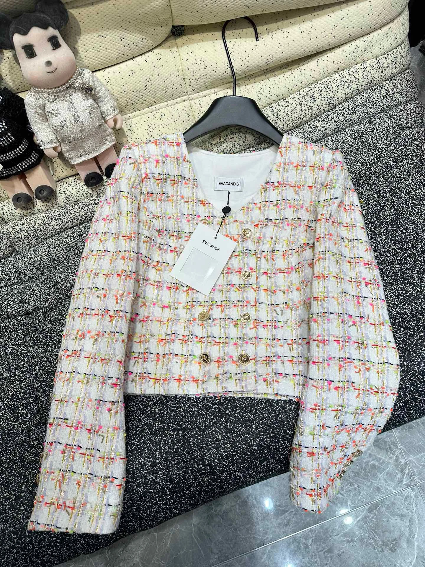 

EVACANDIS New Women Tweed O-Neck Coat Double Breasted Plaid Elegant Vintage Office Lady Jacket Autumn Winter Outwear Luxury Tops