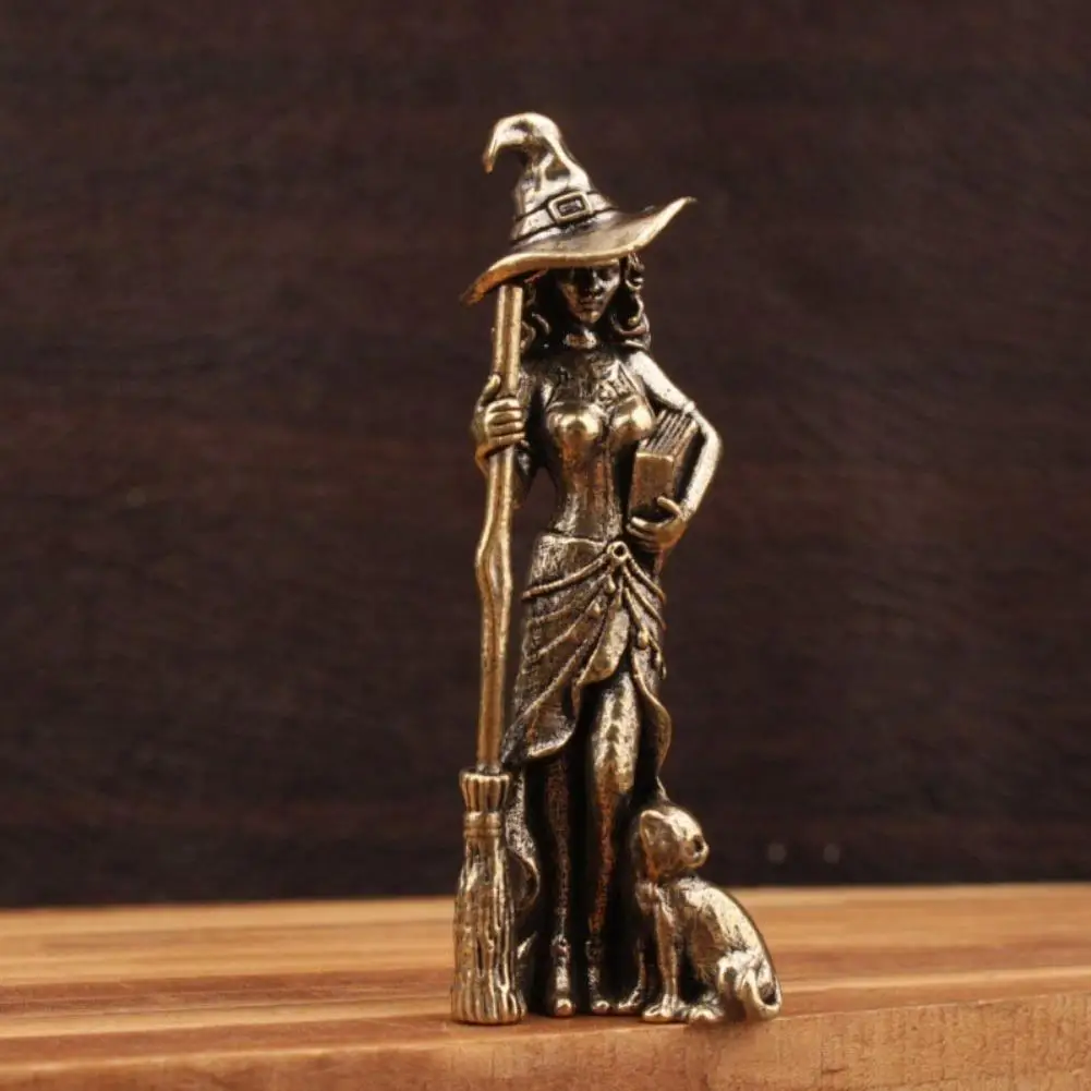 Retro Brass Magic Witch Figurines Miniatures Desktop Ornaments Character Model Small Statue Home Decor Broom Moon Witch Ornament