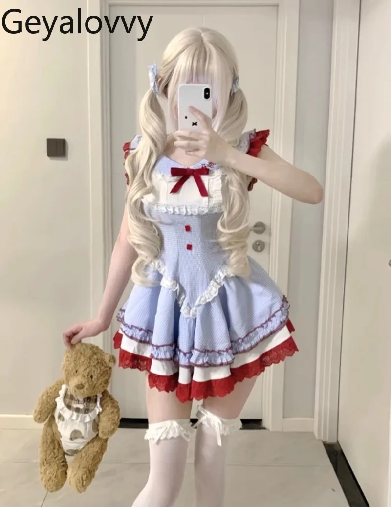 Słodka i Urocza Dziewczęca Sukienka na Szelkach z Wysokim Stanem w Niebieską Kratę, Krótka Sukienka z Kokardą, Koronkowym Kołnierzykiem Lalki, Nowa Letnia Bufiasta Sukienka dla Kobiet