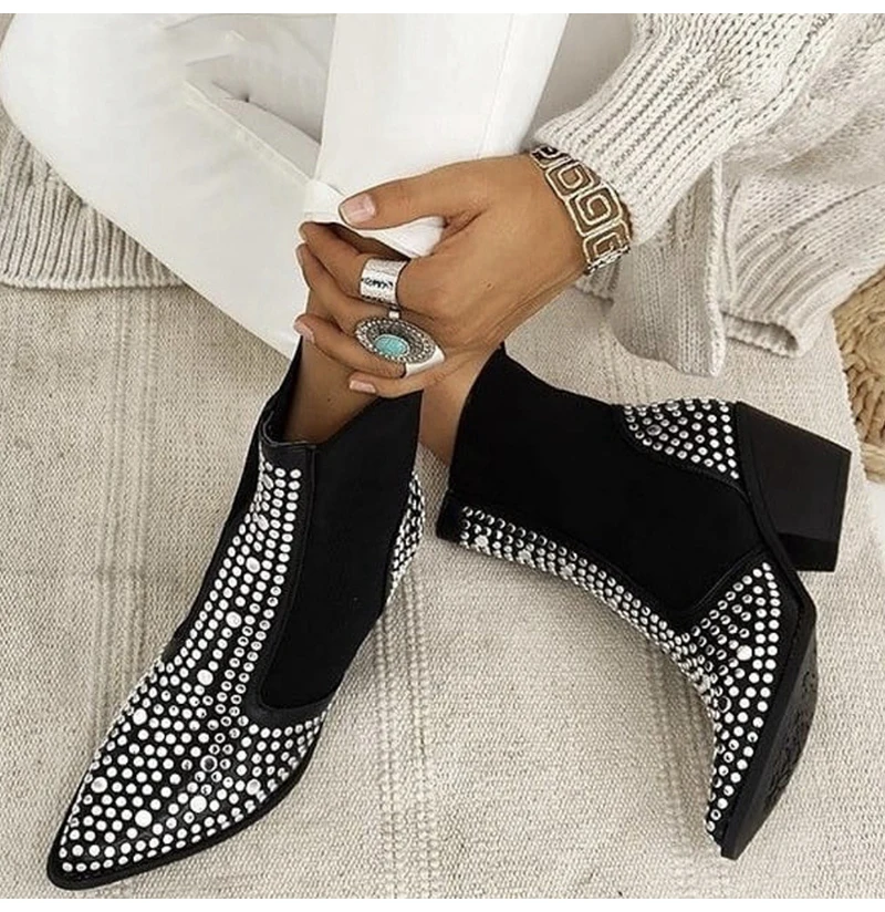 Women Chelsea Boots Women\'s Cool Rivet Ankle Boots Ladies Fashion Pointed Toe Mid Heels Autumn Woman Slip On Pumps Female Shoes