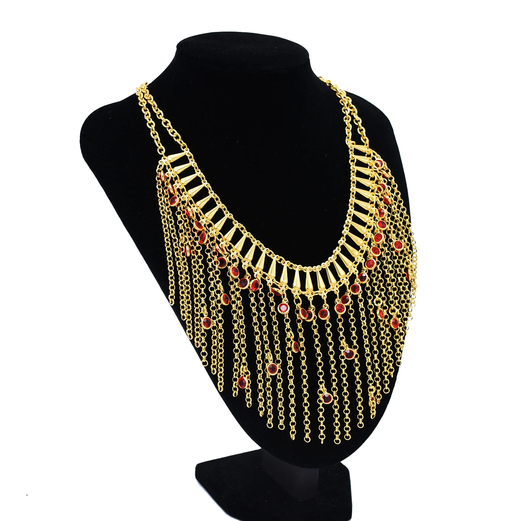 

Trendy Gold Plated Red Crystal Tassel Chain Pendant Necklaces Turkey Iran and Iraq Dance Party Fine Jewelry Female Accessory