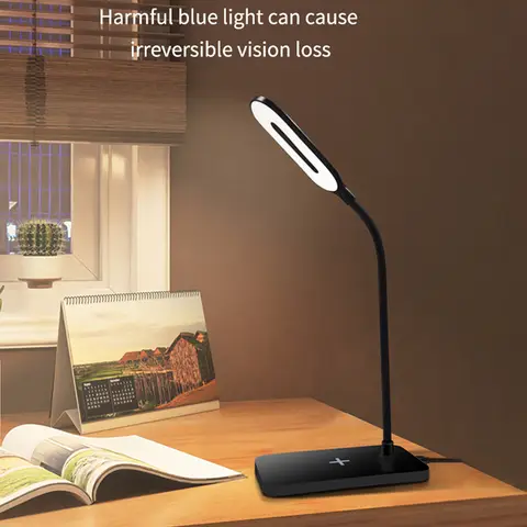 무선 충전 기능을 갖춘 LED 독서 책상 램프 – USB 플러그인, 터치 조절, 눈 보호 테이블 조명(홈 및 오피스용)