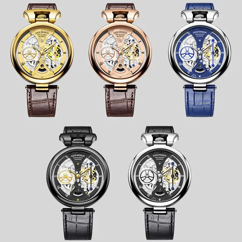 2024 LIGE New Fashion Hollow Watches Men Business Watch Male Casual Leather Skeleton Quartz Wrist Watch Relogio Masculino+BOX