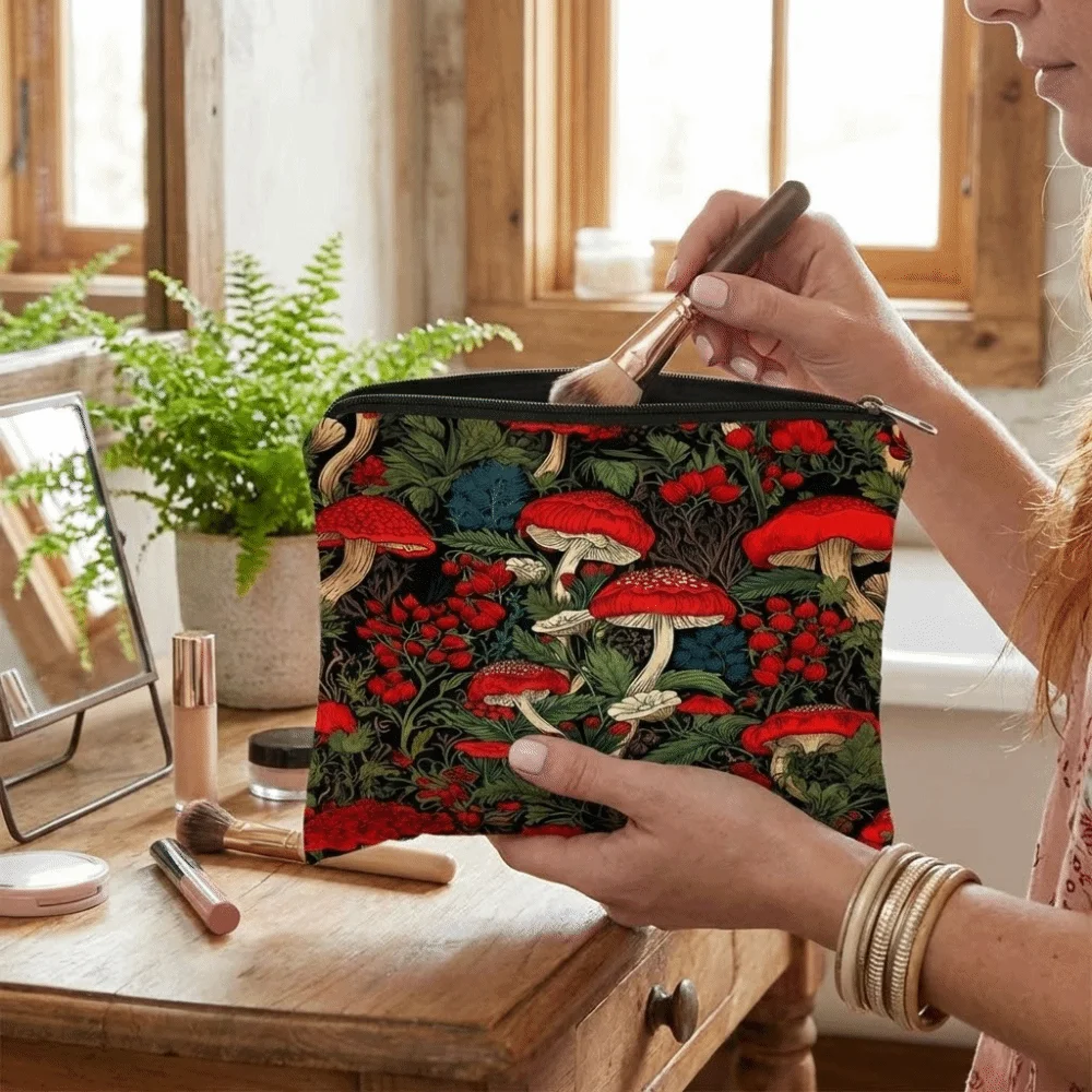New High Quality Portable Red Mushroom Makeup Bag Moon Portable Forest Bag Trendy Durable Coin Purse Student Use view 3