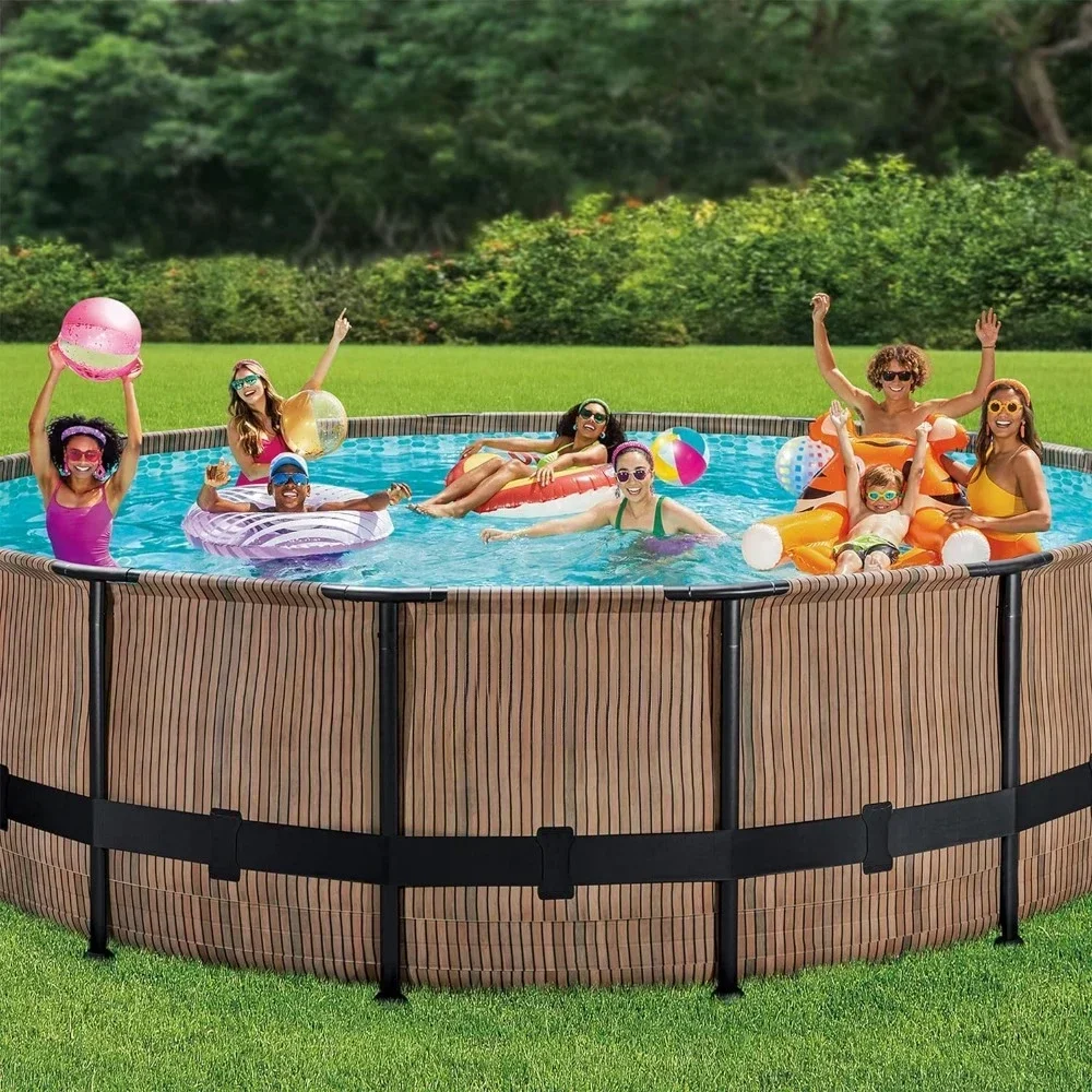 

A 16 Foot x 48 Inch Outdoor Round Swimming Pool with Skimmer Plus Filter Pump, Ladder, and Pool Cover, Natural Teak