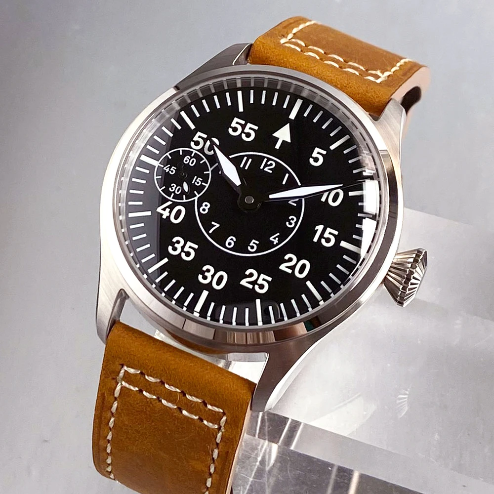 Tandorio 42mm Vintage Black Dial ETA 6497 Mechanical Hand Wind Watch Men Sapphire Glass Pilot Style Clock Leather