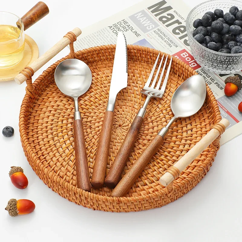 16/24pcs Silver 304 Stainless Steel Cutlery Set Wooden Handle Vintage Tableware Dinnerware Spoon Fork Knife Kitchen Flatware