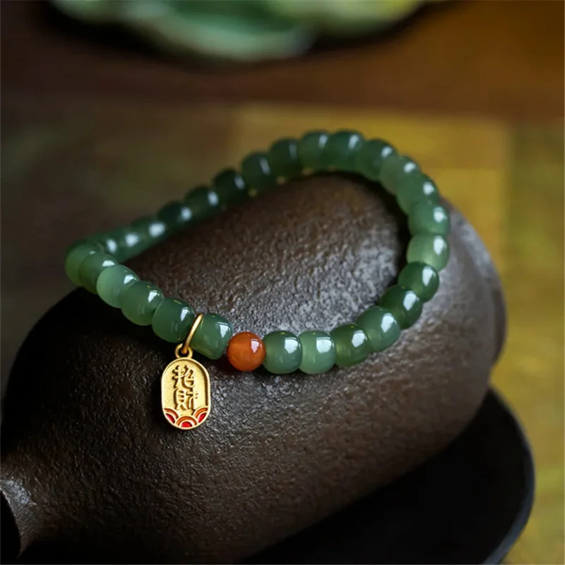 

Natural Hetian Jade Bead Bracelet Women Buddha Beads With Red Agate Chinese Style Pendant Handmade Simple Fashion Luxury Jewelry