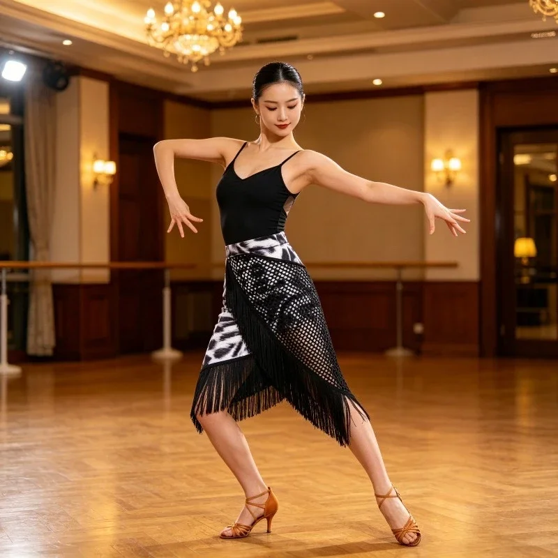 yesWomen Latin Dance Tassel Skirt with Mesh Panel Sexy Ballroom Skirt for Tango Salsa Rumba Performance stage performances