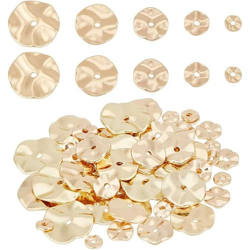 50pcs 18K Gold Spacer Beads 5 Sizes Wavy Disc Bead 4/6/8/10/12mm Flat Round Loose Brass Beads for Summer Bikini Beach