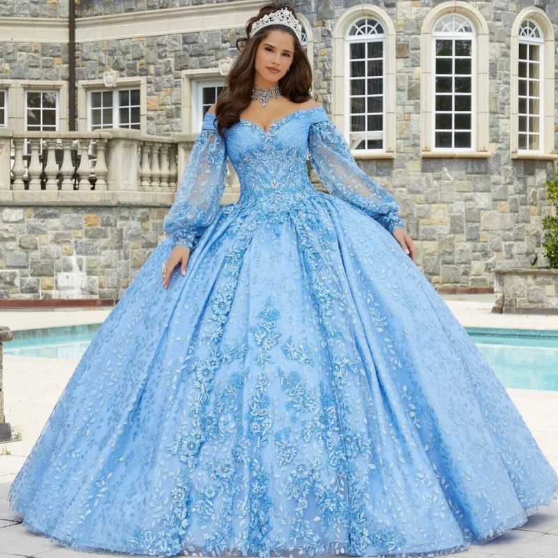 2024 Sky Blue V-Neck Quinceanera Dress Appliques Handmade Flower Beads Ball Gowns Vestidos De 15 Años