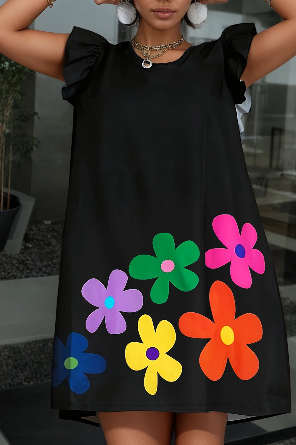 

Women's Plus Size Mini Dress Ruffle Sleeve Round Neck Floral Printed Vintage Loose Casual Elegant Retro Summer 2025 Dresses