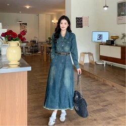 Plus Size Denim Dress Women's Casual Long Sleeve Jeans Robe Autumn Winter Female Vestidos with Belt Clothes KE9180