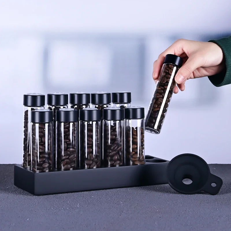 

Airtight Sealed Glass 12Tubes Coffee Beans Storage Containers 22g Single Dose Aroma Valve With Coffee Bean Storage Wooden Holder