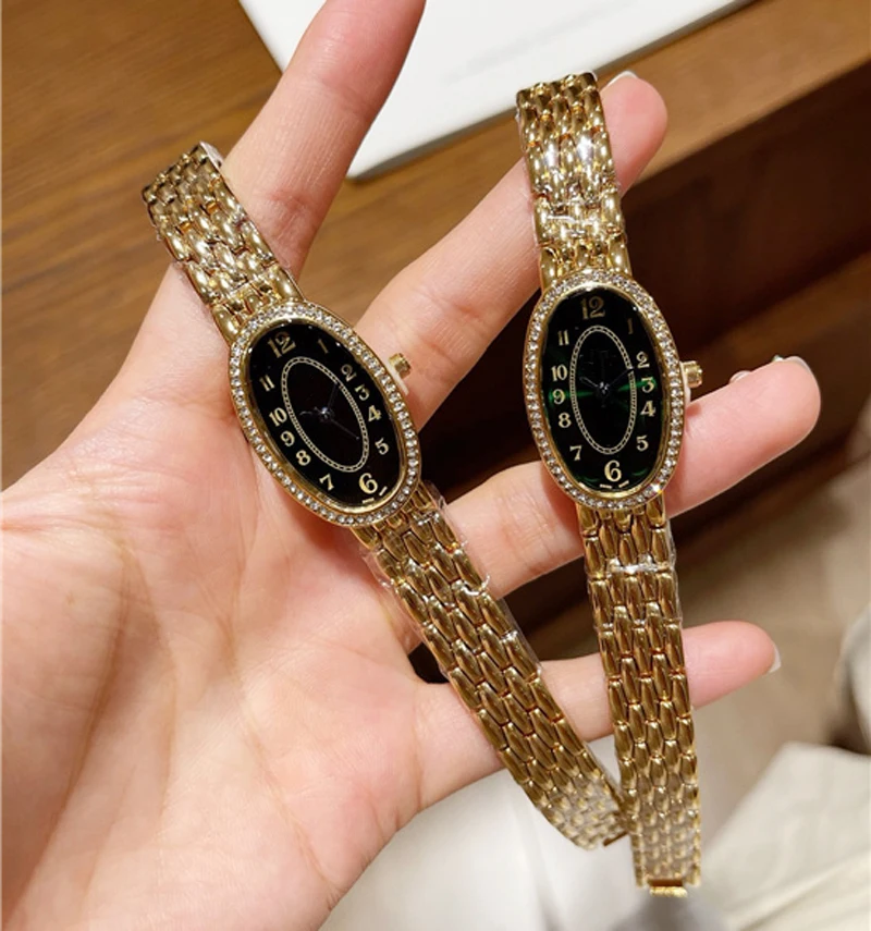 Fashion Brand Wrist Watches Woman Girl 21mm Oval Crystal Style Quartz Steel Metal Band Luxury Clock Lo07