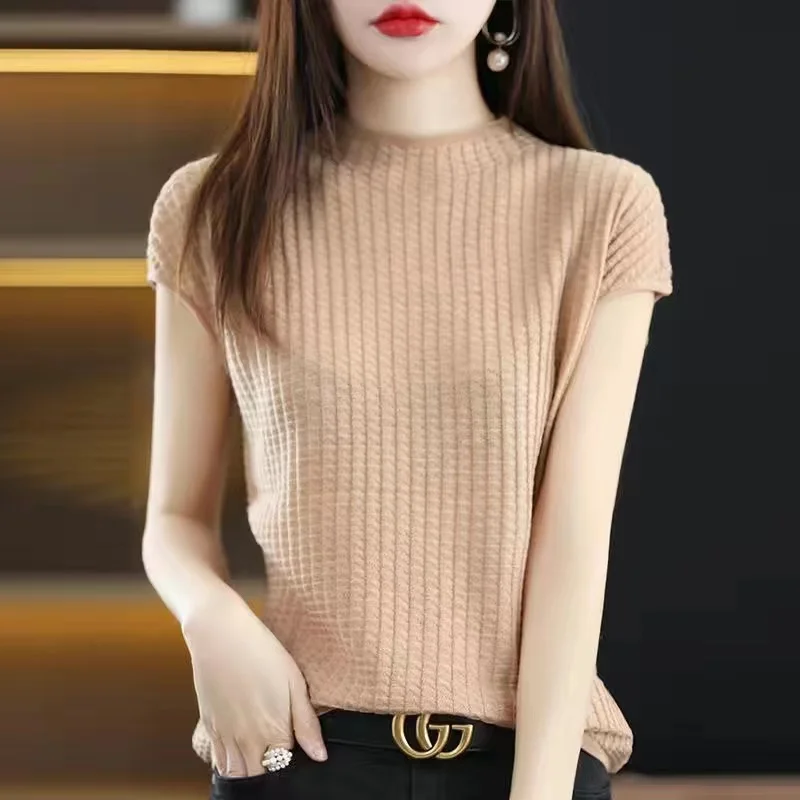 2024 Summer Women\'s Sweater Short Sleeve Pullover Korean Knitted O-neck Jumper Bottoming Shirt Soft Knitwear Sweaters Tops