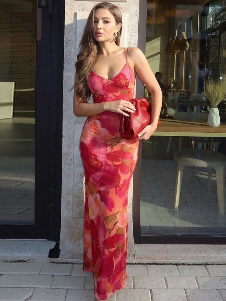 

Женская одежда, отпускное платье без рукавов с v-образным вырезом и цветочным принтом, уличная одежда Y2K, женские облегающие сетчатые длинные платья на тонких бретельках