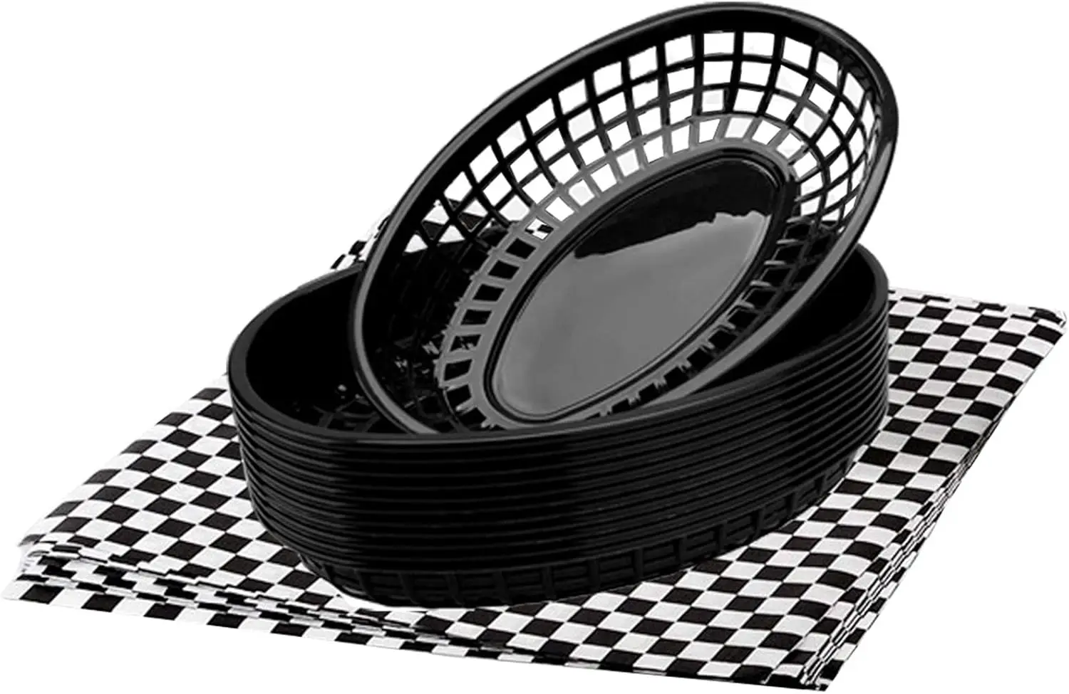 

Retro Fast Food Basket Set with Checkered Liners, 12 Plastic Baskets & 100 Disposable Paper Squares for Parties