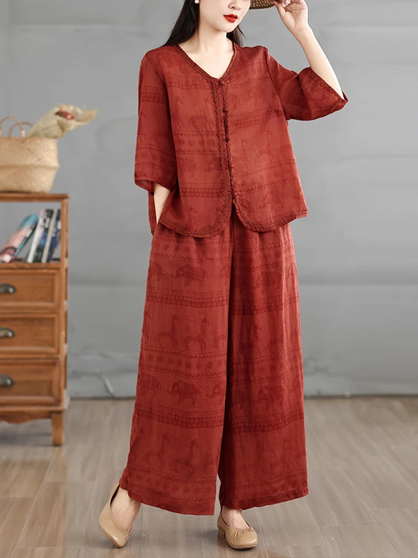Retro Ethnic Print Cotton Linen Wide Leg Pants Loose Casual Shirt Women Summer Fashion Set Five Sleeve Loose Fit High Waist