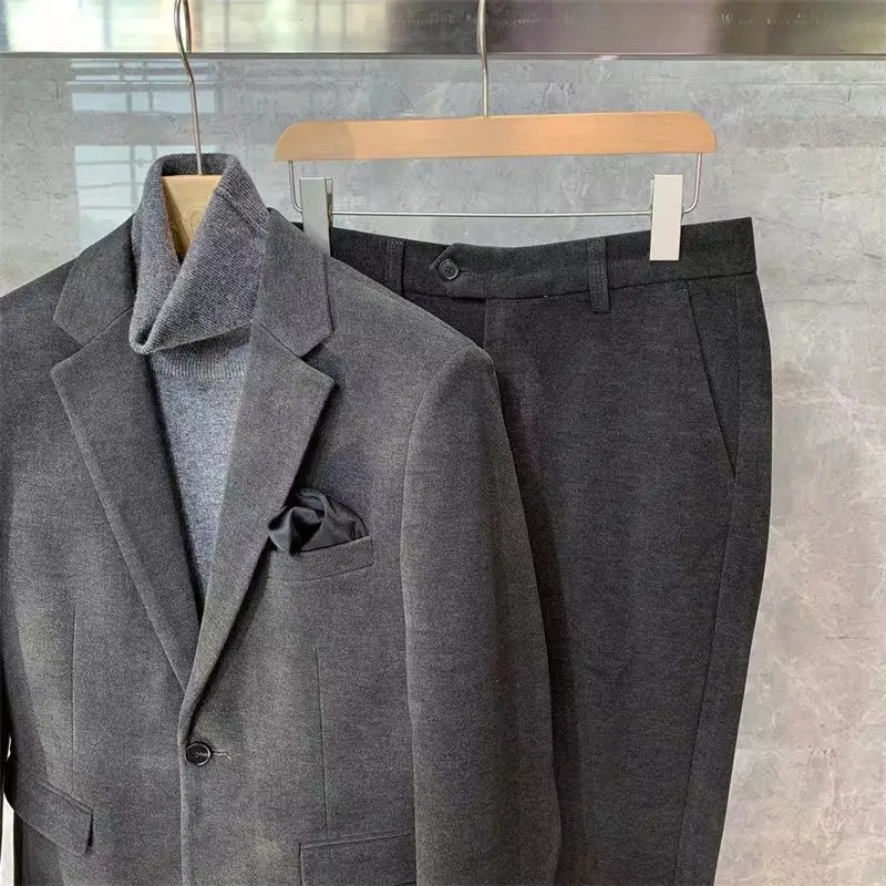 طقم بدلة على الموضة الصوفية الجديدة لخريف وشتاء 2025 ، مقاس سميك ونحيف ، طقم سراويل طويلة للرجال في المكتب والأعمال مكون من قطعتين #4