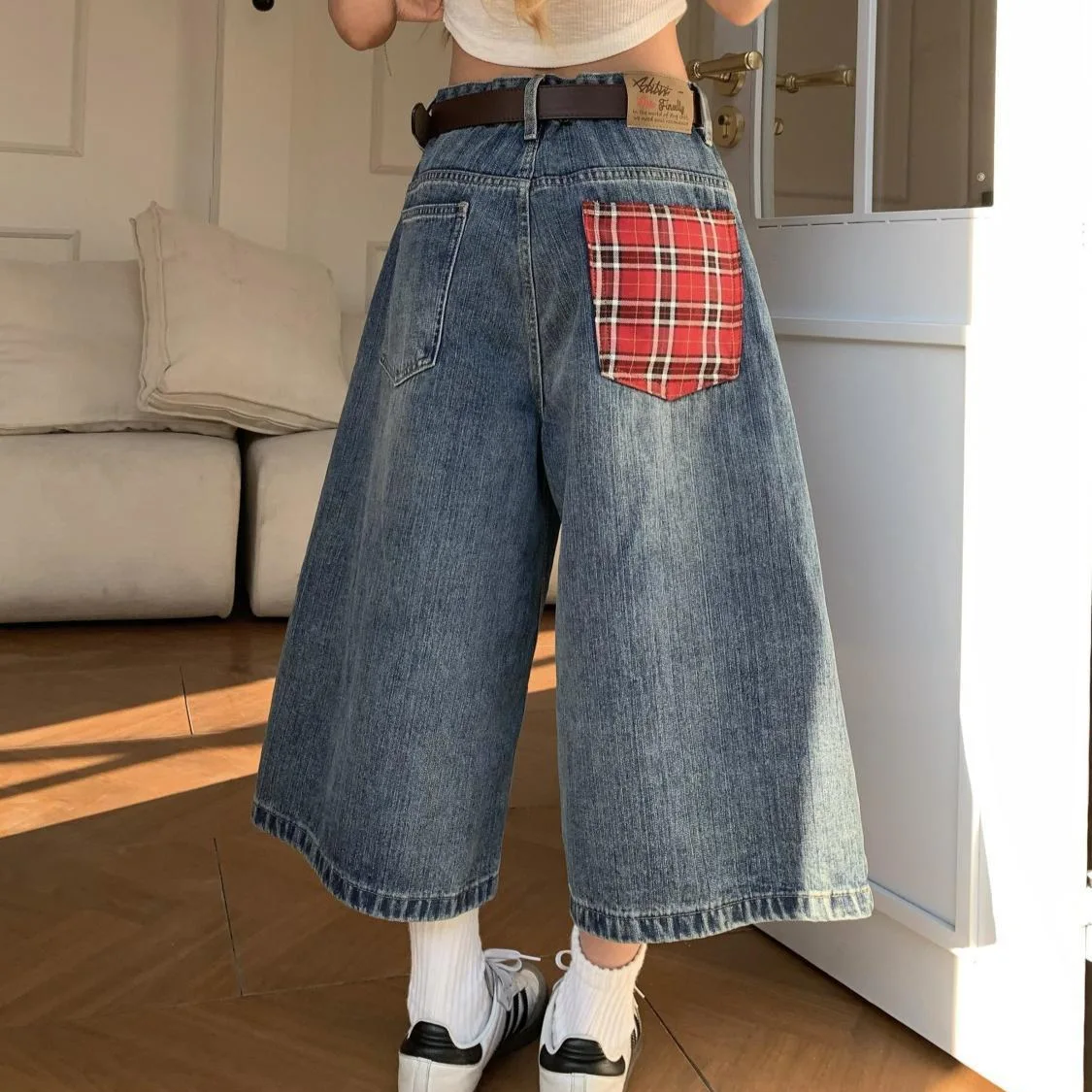 

American Retro Checkered Patchwork Jeans High Waist Loose Casual Wide Leg Calf-Length Pants Women Personalized Street Bottoms