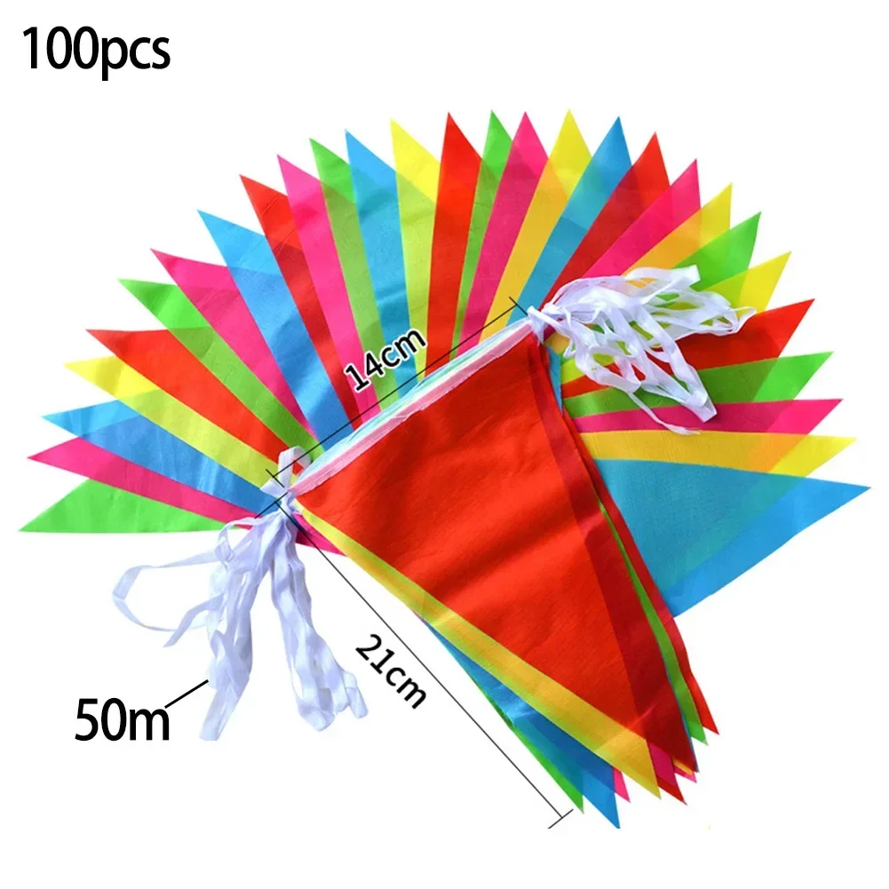 

50M 100 Flags Multicolored Triangle Flags Bunting Party Banner Triangle Garland For Weddings Shop Street Party Decor