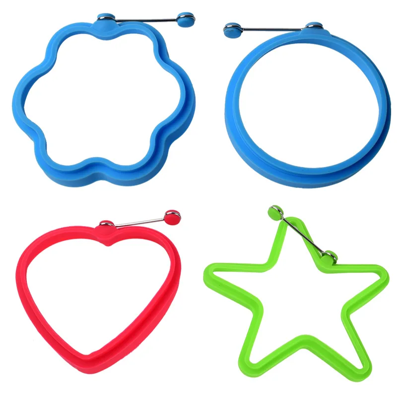 2PCS Cartoon Circular Heart Shaped Silicone Egg Fryer With Handle, Omelet, Pancake Mold, Kitchen Baking Tool