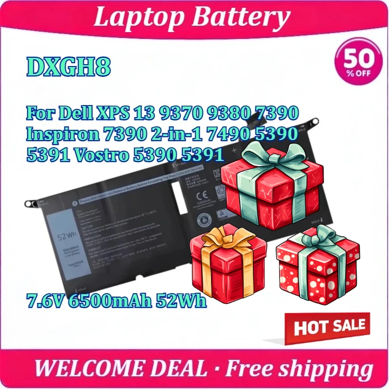 

New DXGH8 Laptop Battery For Dell XPS 13 9370 9380 7390 Inspiron 7390 2-in-1 7490 5390 5391 Vostro 5390 5391 7.6V 6500mAh 52Wh