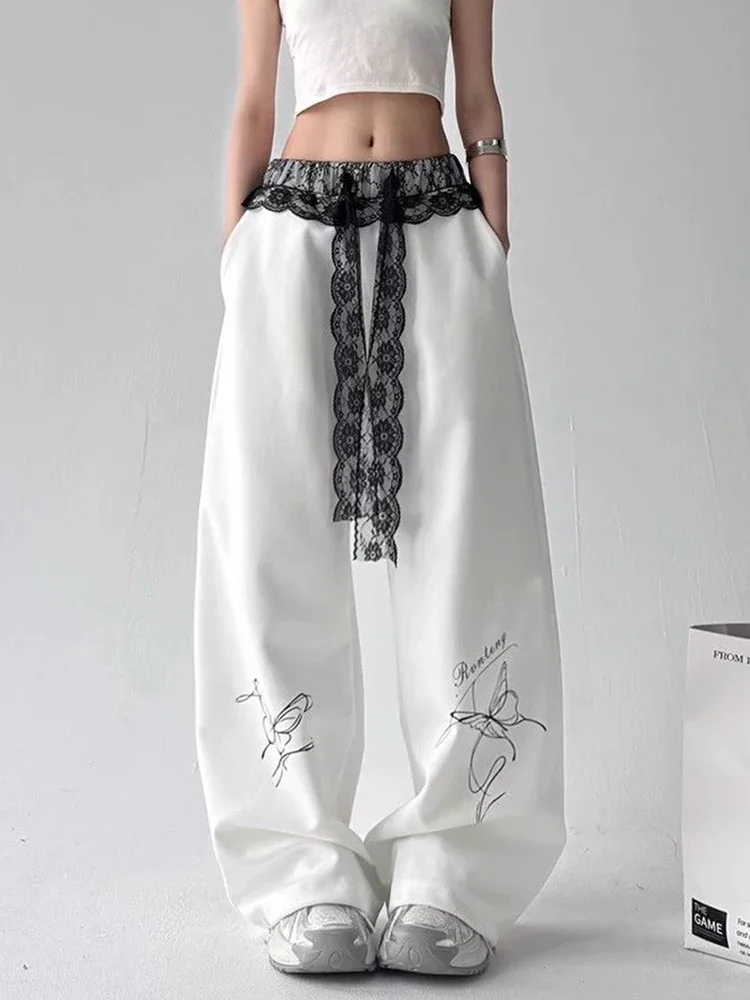 Vintage Bufferfly Sweatpants Women Loose High Waist Lace Patchwork Pants Korean Streetwear Casual Bf Harajuku Trousers Y2k Pants