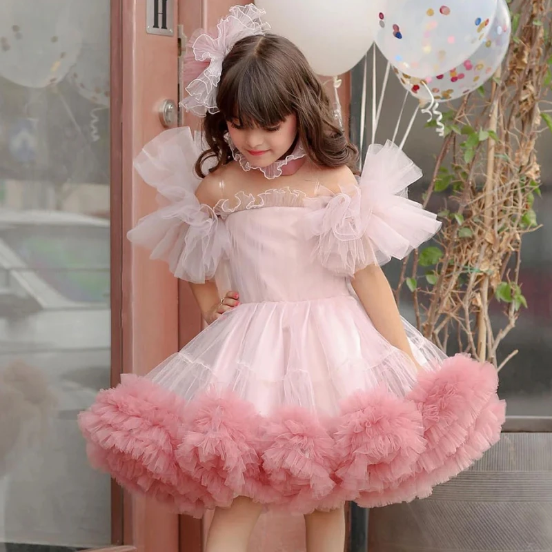 Customized Flower Girl Dresses Pink Tulle Puffy Short Sleeve For Wedding Birthday Banquet Prom Christmas Princess Gowns