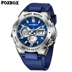 FOXBOX Casual Sport Electronic Man Watch Silicone Strap Waterproof LED Watches for Men Fashion Dual Digital Display Alarm Clocks