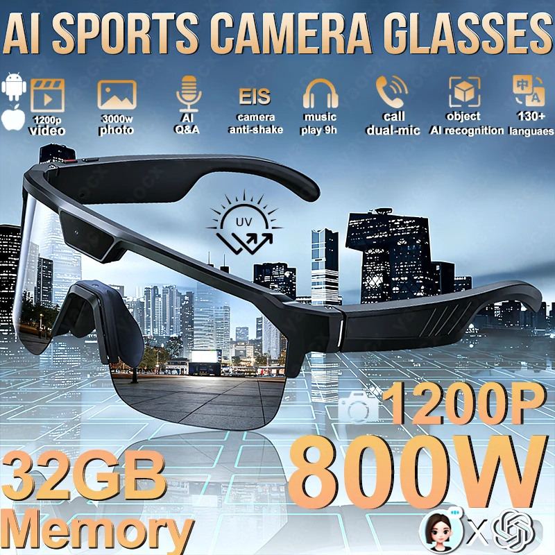

New 800W HD Smart Glasses Men 32GB Anti-Shake Camera 1200P Video Record Real-timeTranslation AI Sports Sunglasses Driving Women
