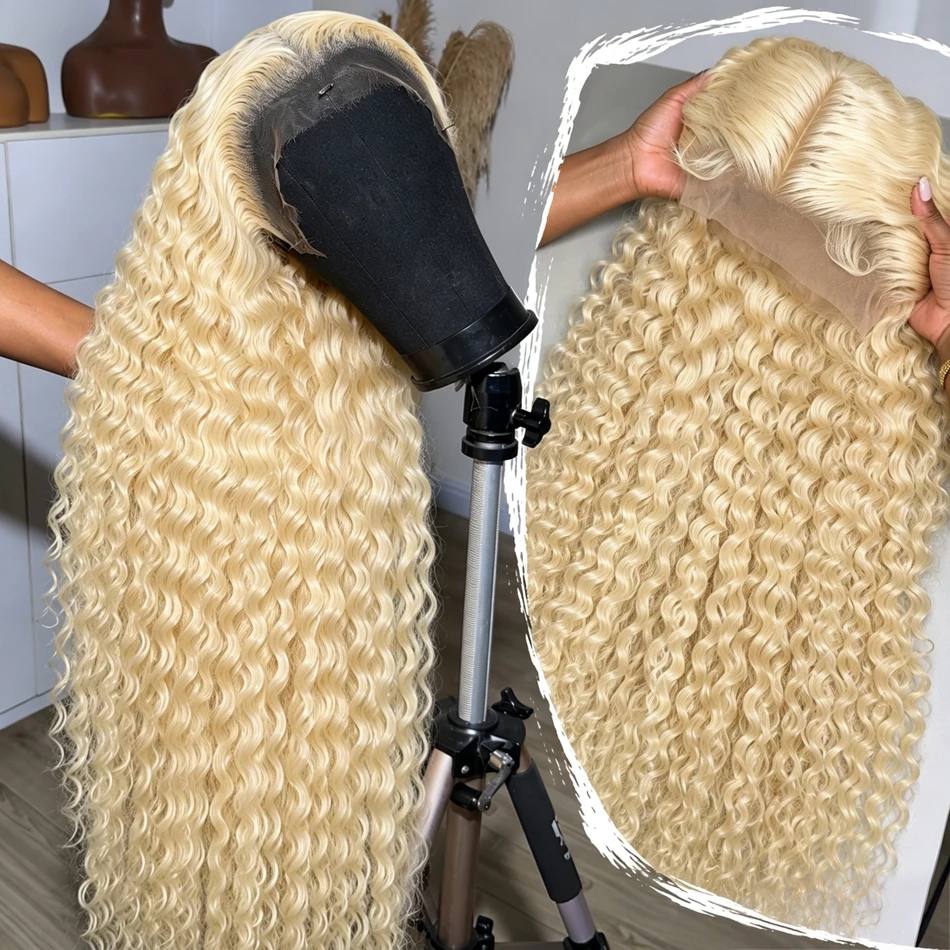 613 Blonde Deep Curly Wave Lace Front Wig Human Hair 13x6 HD Lace Frontal Wig 250% Density Water Wave Curly Wig Pre-Plucked Hairline with Baby Hair Full Natural Look for Black Women