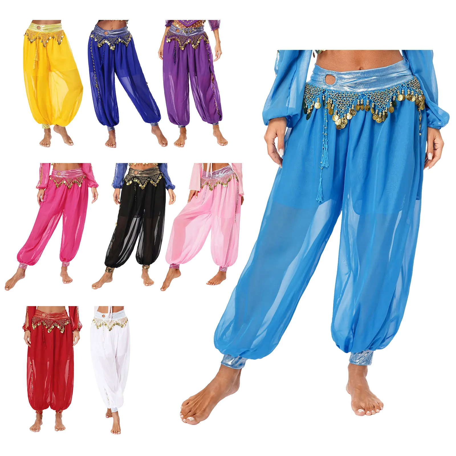 Womens Arabian Princess Costume Shiny Harem Pants Belly Dance Stage Performance Trousers Indian Bollywood Fairy Tale Dress Up