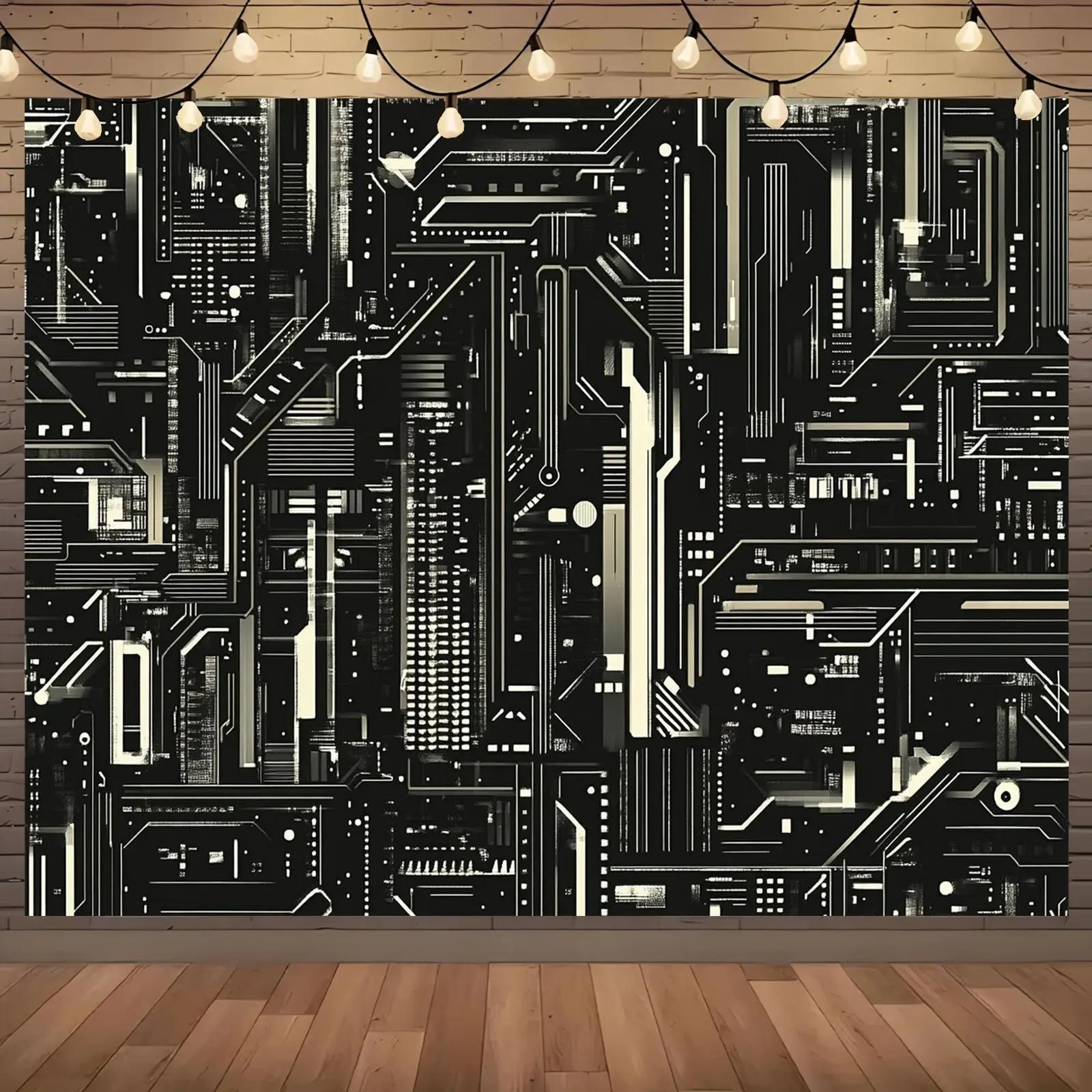 2D planar banner, 1 abstract circuit board design, photography background, themed party, interesting camera room props